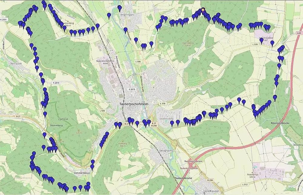 Karte der Umgebung von Tauberbischofsheim mit den Grenzsteinen entlang der Gemarkungsgrenze.