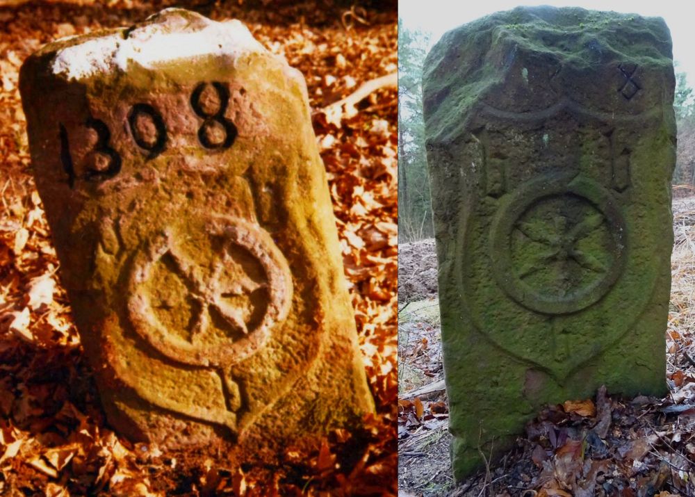 Zwei Grenzsteine nebeneinander: links eine ältere Schwarzweißaufnahme des Steins mit der Jahreszahl 1308, rechts ein Stein von 1508.