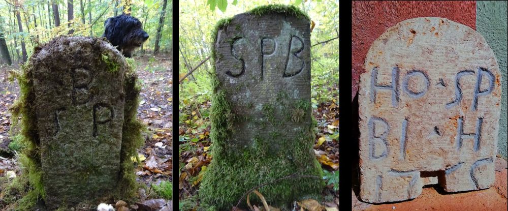 Drei Steine nebeneinander: zwei bemooste Grenzsteine im Wald mit den Buchstaben B SP und SPB, rechts ein Steinbruchstück mit der Inschrift HO SP BI H.