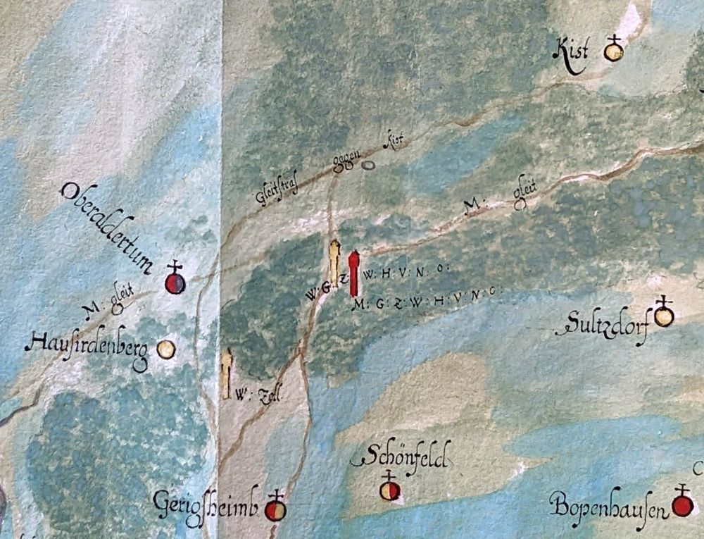 Alte Karte mit der Geleitstraße, einem Zollstock und zwei Säulen.