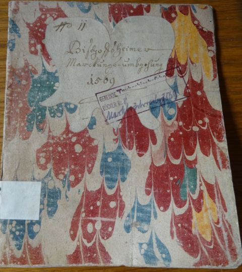 Einband der Abschrift von 1580, marmoriertes Papier.