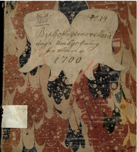 Einband des Gemarkungsumgehungsbuchs von 1700, marmoriertes Papier.