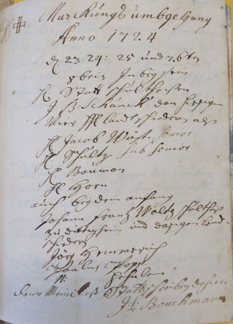 Erste Seite des Grenzgangprotokolls von 1724 in Kurrentschrift.