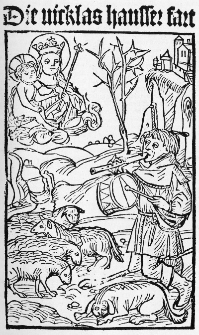 Hans Böhm als Hirte mit Marienerscheinung. Titelholzschnitt zur Niklashäuser Fahrt, um 1490. Das Bild ist keine Fotograf