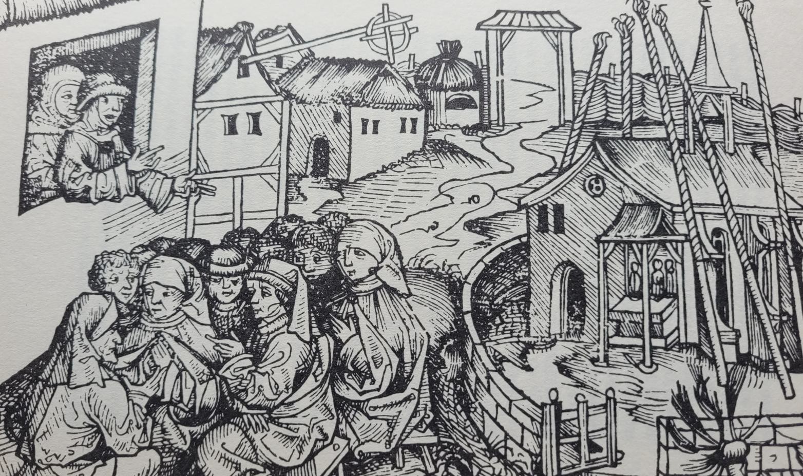 Hans Böhm predigt in Niklashausen. Holzschnitt aus der Schedelschen Weltchronik, Nürnberg 1493. Auffällig ist der Mann h