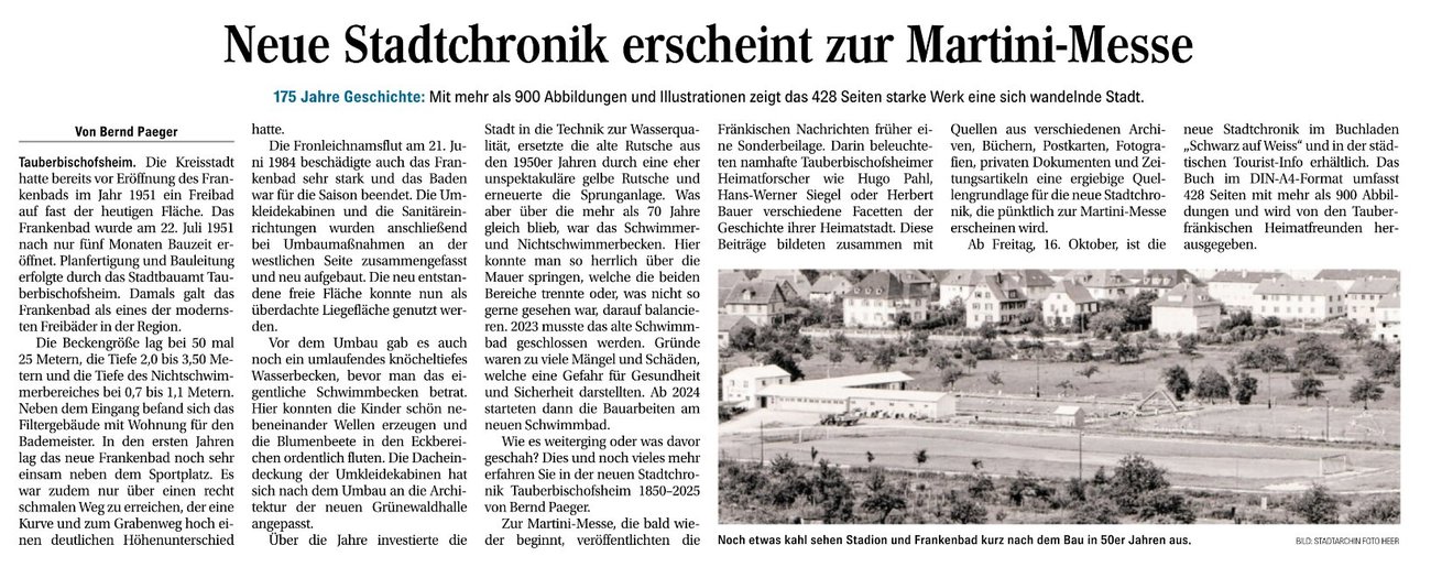 Zeitungsseite der Fränkischen Nachrichten vom 12. Oktober 2026 mit dem Bericht „Neue Stadtchronik erscheint zur Martini-Messe“