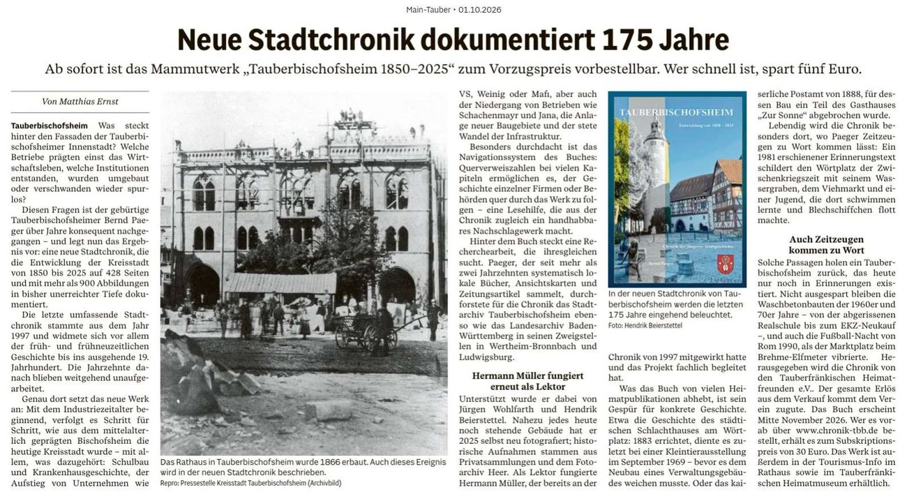 Zeitungsseite der Main-Post vom 1. Oktober 2026 mit dem Bericht „Neue Stadtchronik dokumentiert 175 Jahre“