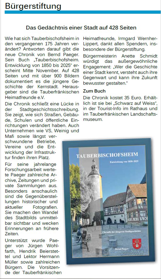 Seite aus tbb_aktuell vom 23. Oktober 2026 mit dem Bericht „Das Gedächtnis einer Stadt auf 428 Seiten“ und dem Buchcover