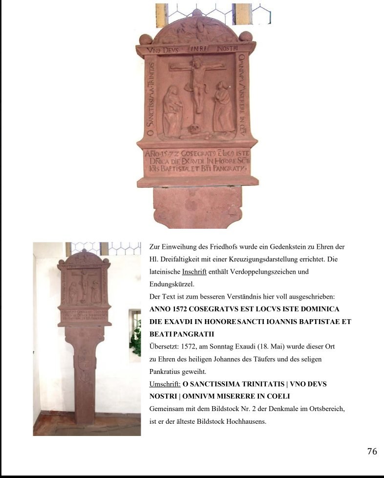 Aufsatz mit Kreuzigung, Inschrift und Umschrift. Aus: Ralf Knüttel: Flurdenkmale in Hochhausen (2023), Auszug, S. 76