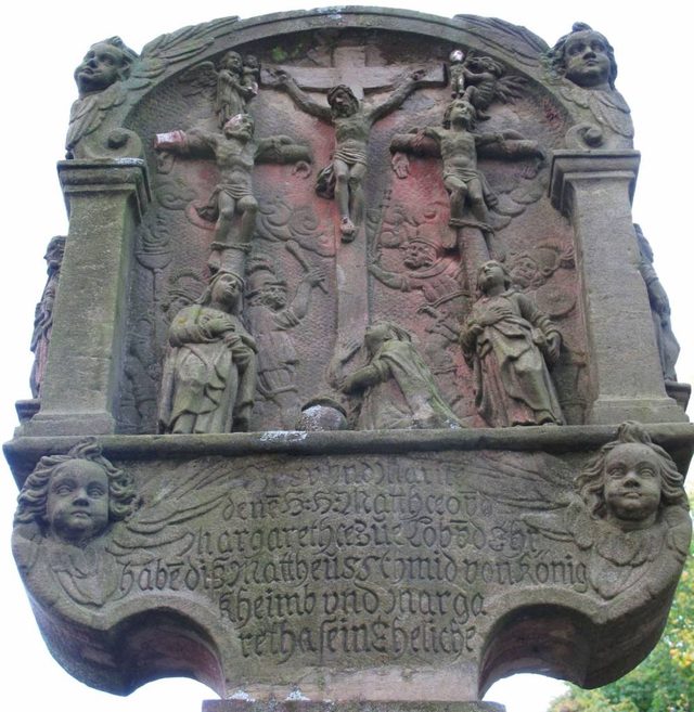 der linke Bildstock vor der Stammbergkapelle, errichtet 1659 von Mattheus und Margaretha Schmid aus Königheim