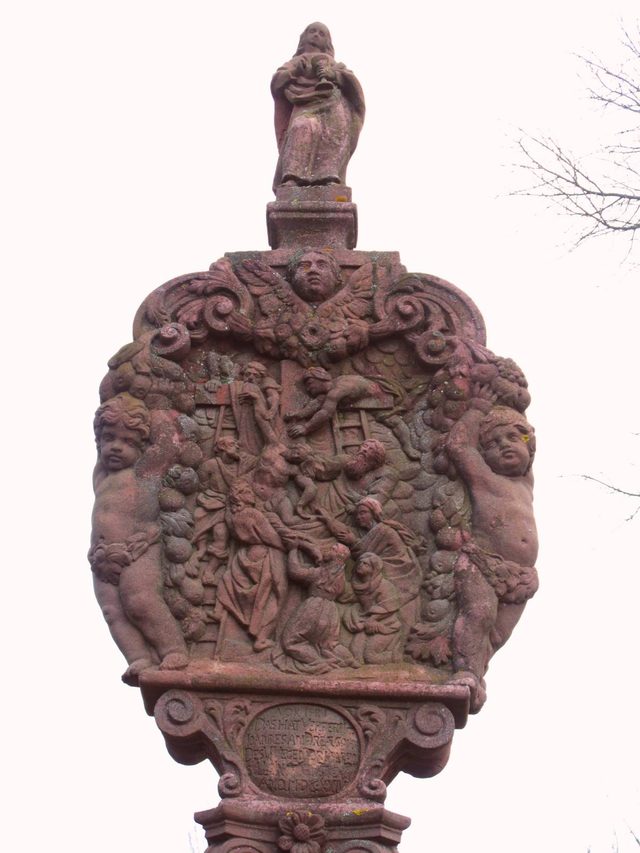Der Bildstock-Grabstein des Andreas Block von 1724 (stand ursprünglich neben der Peterskapelle)
